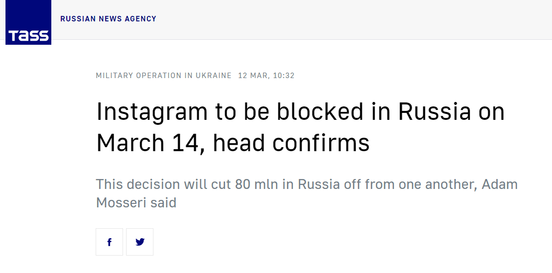 俄罗斯发起反击：正式封禁 Instagram，当地 IP 已无法访问