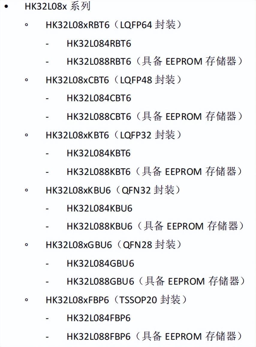 HK32L08x系列MCU芯片型号汇总